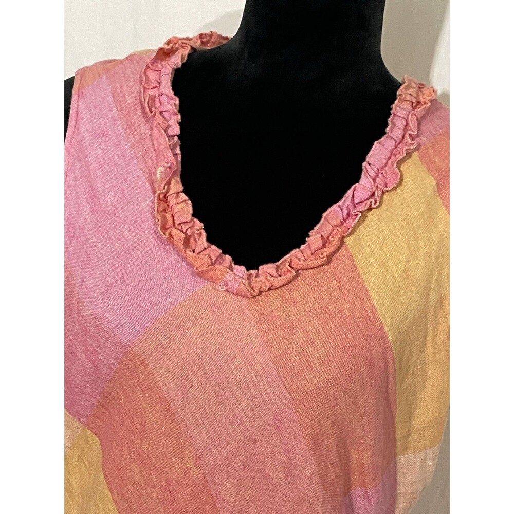 Victoria Holley 16 Pink Plaid 100% Linen V-neck Sleeveless Maxi Dress - Picture 2 of 10